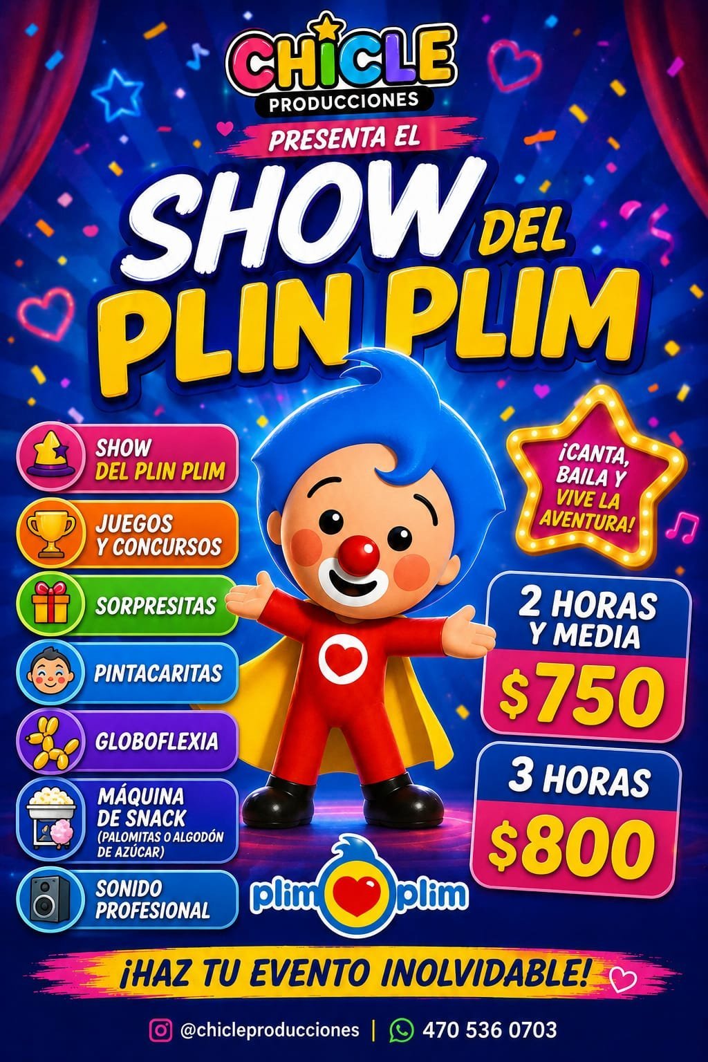Show del Plin Plim en Chicago: 2 horas y media $750, 3 horas $800