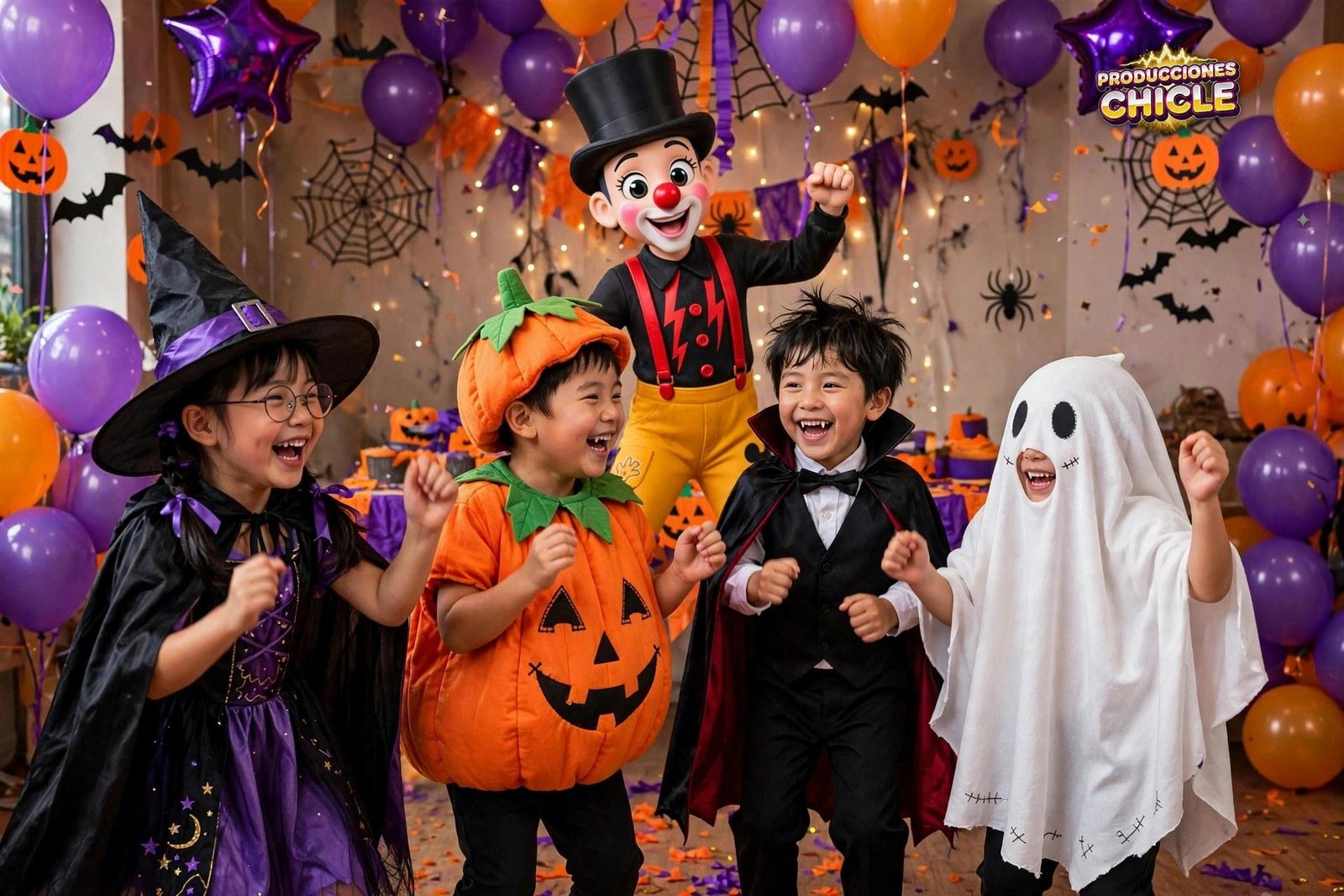 Niños disfrazados en Halloween disfrutando con el payasito de Producciones Chicle