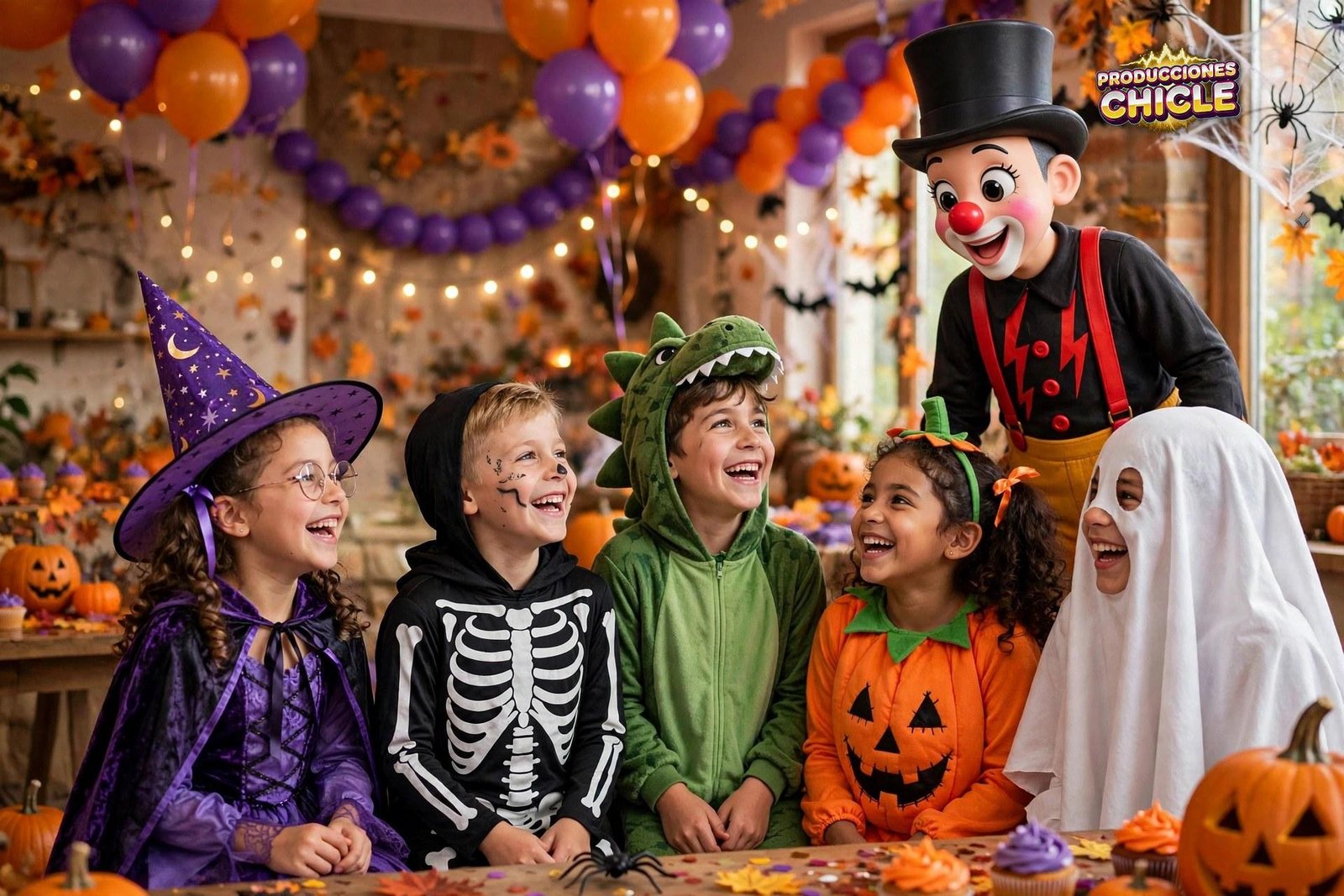 Niños disfrazados en Halloween disfrutando con el payasito de Producciones Chicle