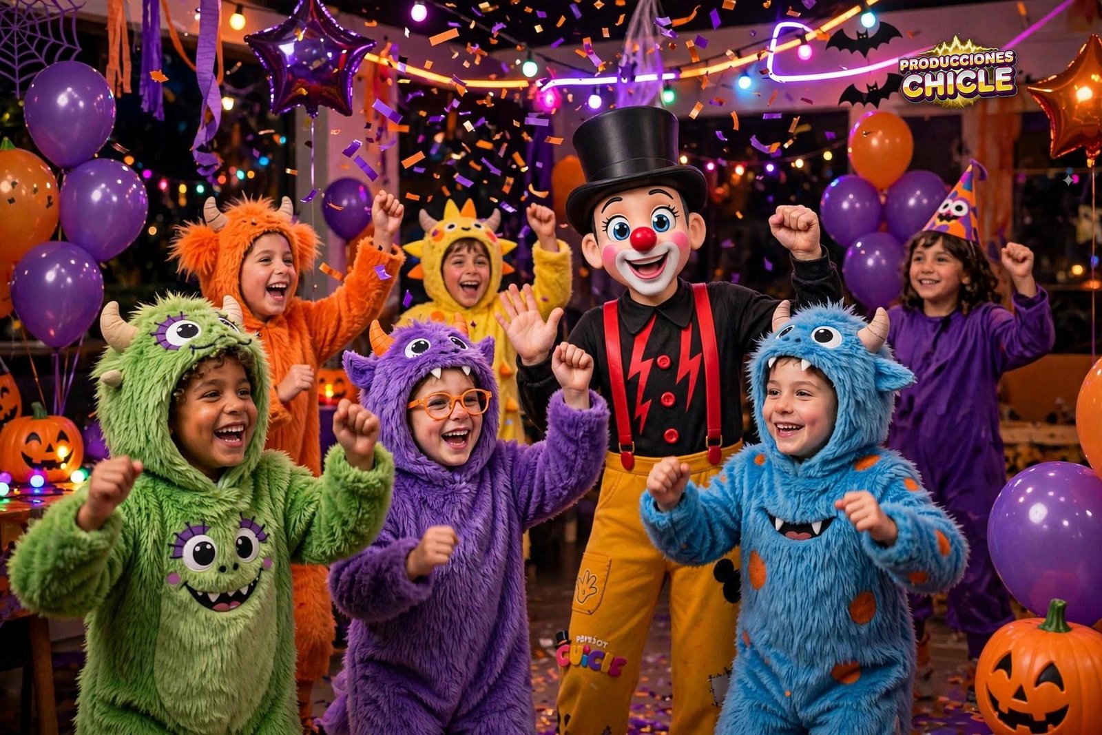 Niños disfrazados en Halloween disfrutando con el payasito de Producciones Chicle